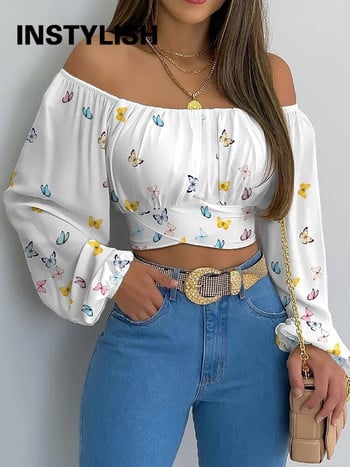 Γυναικεία κομψή μπλούζα με στάμπα Boho Casual με μακριά μανίκια με φανάρι μακριά από ώμους λεπτό πουκάμισο Γυναικείο κομψό τοπ καλοκαιρινό τουνίκ