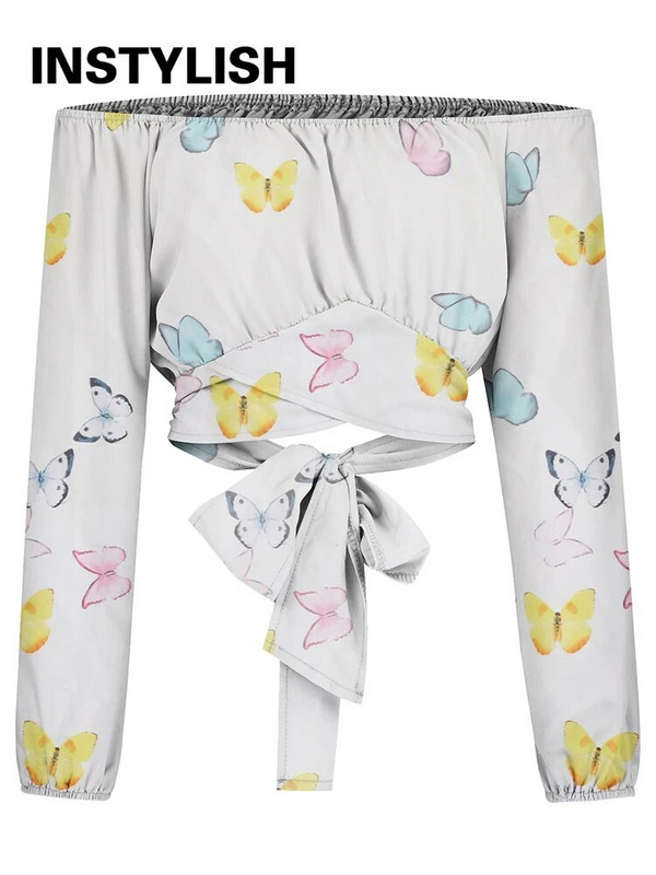 Ženska elegantna bluza s boho printom, ležerna, uska košulja s dugim lampion rukavima i otvorenim ramenima, ženska šik ljetna tunika