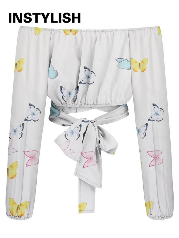 Ženska elegantna bluza s boho printom, ležerna, uska košulja s dugim lampion rukavima i otvorenim ramenima, ženska šik ljetna tunika