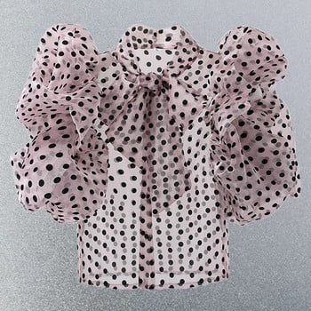 Blusas Mujer Γαλλικό ρετρό φιόγκο με κορδόνι με φούσκα με κοντό μανίκι οργάντζα μπλούζα με μανίκια πουά πουά σιφόν τοπ Νέα πουκάμισα