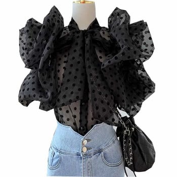 Blusas Mujer Френска ретро блуза с дантели и къси ръкави, блуза от органза с ръкави, риза на точки, шифон, нови ризи