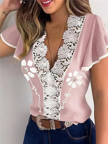 Σέξι δαντέλα μπλούζα με κούφιο κομψό μανίκι με πεταλούδα πουκάμισο μπλούζα γραφείου Lady O λαιμόκοψη μπλουζάκια μπλούζα S-5XL