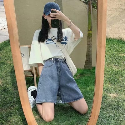 Feynzz Fashion Summer Half Women Denim Shorts Висока талия с колан Свободни женски къси дънки Streetwear