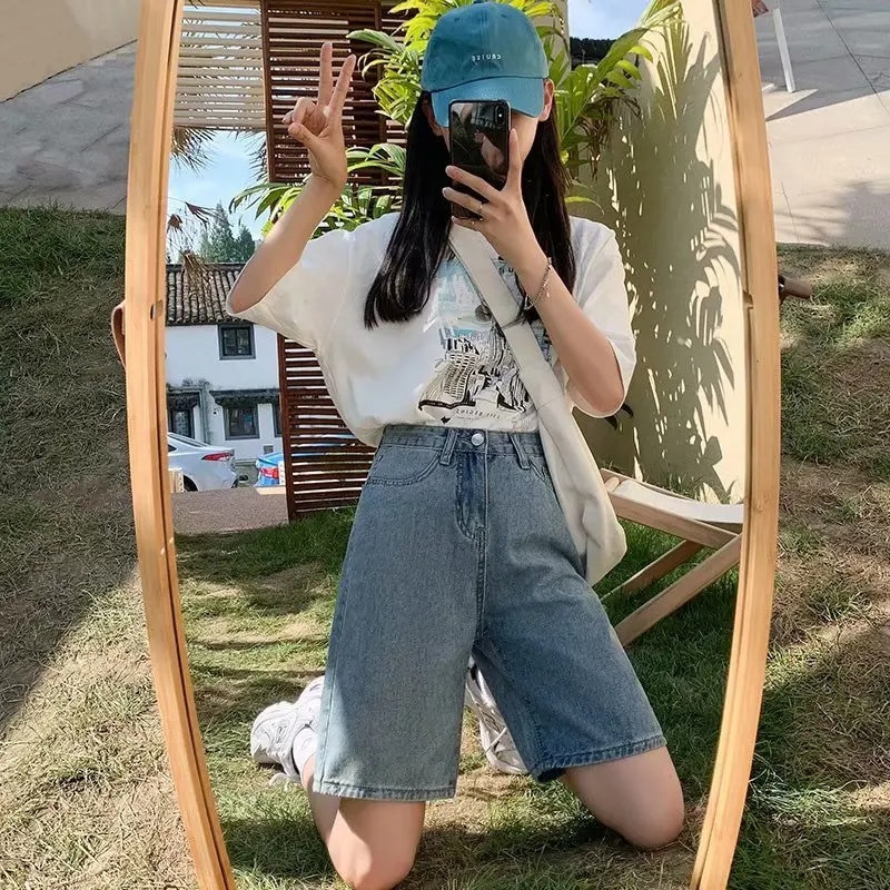 Feynzz Fashion Summer Half Women Denim Shorts Висока талия с колан Свободни женски къси дънки Streetwear