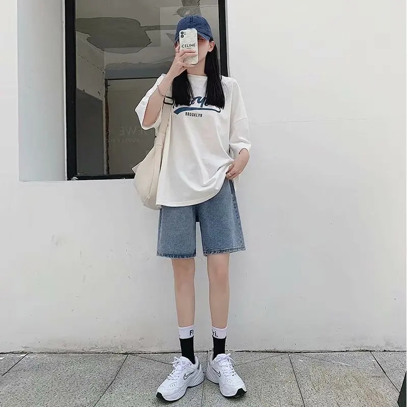 Feynzz Fashion Summer Half Women Denim Shorts Висока талия с колан Свободни женски къси дънки Streetwear