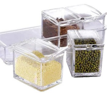 Комплект кутии за подправки с 4 клетки Прозрачен буркан за подправки с лъжица Кухненски органайзер Инструменти Кутии за съхранение Подправки Захар Сол 2023