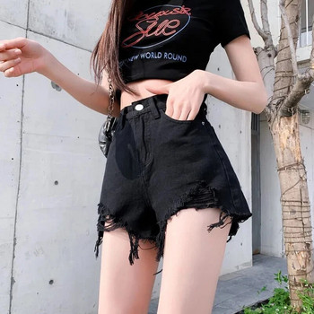 Καλοκαιρινό τζιν σορτς Γυναικεία Κορεάτικη μόδα με σκισμένες τρύπες Κοντό τζιν ψηλόμεσο Γυναικείο κοντό παντελόνι με φαρδύ πόδι