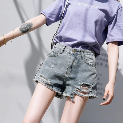 Летни дънкови къси панталони Дамски корейски модни къси дънки с висока талия, ежедневни дамски къси панталони с широки крачоли