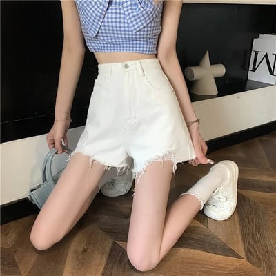 Летни дънкови къси панталони Дамски корейски модни къси дънки с висока талия, ежедневни дамски къси панталони с широки крачоли