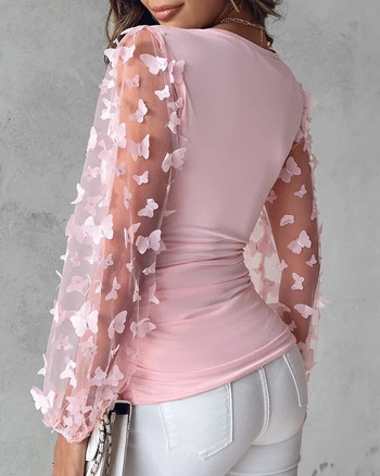 Есенни топове Дамска блуза Елегантна пеперуда жакардова прозрачна мрежеста пачуърк блузи с рюшове Дамска секси тениска с ръкав с фенер с ниско деколте