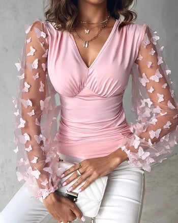 Φθινοπωρινά μπλουζάκια γυναικεία μπλούζα Κομψή πεταλούδα ζακάρ διαφανές διχτυωτό συνονθύλευμα γυναικείες μπλούζες με σέξι φανάρι με χαμηλό λαιμό