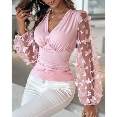 Jesenske majice, ženske bluze, elegantne leptir jacquard prozirne mrežaste patchwork bluze s naborima, ženske seksi majice s niskim izrezom i lanternastim rukavima