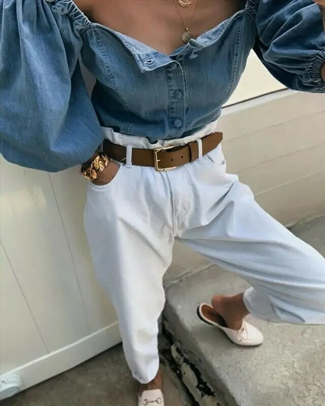 Vintage ženske traper košulje s kopčanjem, ležerne široke majice s otvorenim ramenima i pola lanternastim rukavima.