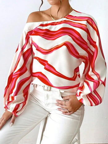 Секси блуза с раирана щампа с отворени рамене Дамска пролетна есенна мода с ръкав-фенер Свободни ежедневни ризи Топове Femme