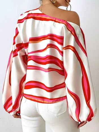 Секси блуза с раирана щампа с отворени рамене Дамска пролетна есенна мода с ръкав-фенер Свободни ежедневни ризи Топове Femme