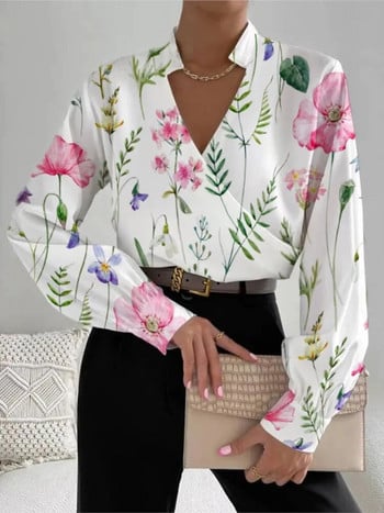 Есенни дамски секси топове с риза с V деколте и дълъг ръкав Модни блузи с флорални щампи Топове 2023 Елегантни ежедневни блузи за офис дами