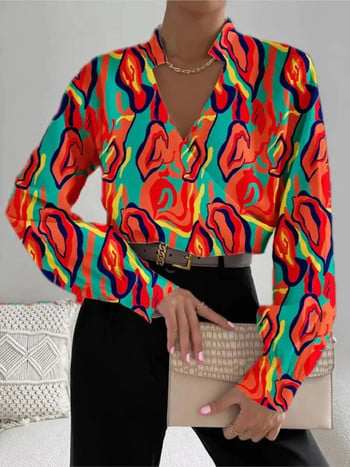 Φθινοπωρινό γυναικείο σέξι με λαιμόκοψη μακρυμάνικο πουκάμισο Κορυφή μόδας μπλούζες μπλούζα με φλοράλ εκτύπωση 2023 Κομψές καθημερινές γυναικείες μπλούζες γραφείου