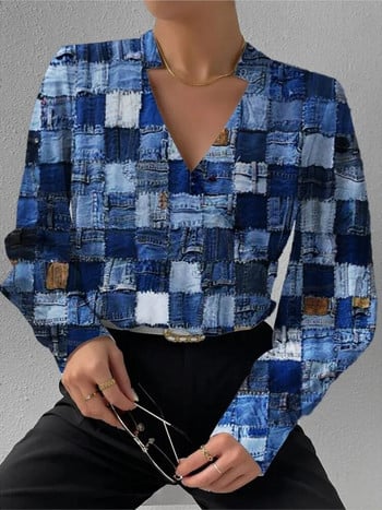 Есенни дамски секси топове с риза с V деколте и дълъг ръкав Модни блузи с флорални щампи Топове 2023 Елегантни ежедневни блузи за офис дами
