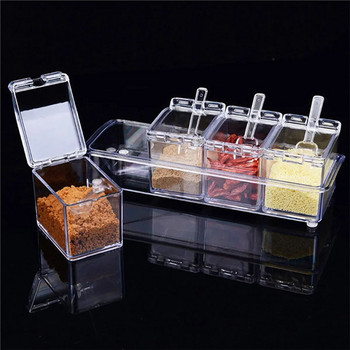 Прозрачна прахоустойчива кутия за подправки Контейнер за подправки Инструмент за организиране на кухнята с капак и лъжици за бахар, сол и захар