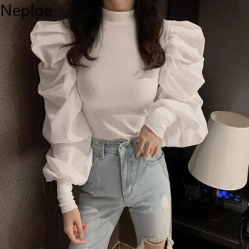 Neploe Korean O Neck Puff Μακρυμάνικη Μπλούζα Γυναικεία Συνονθύλευμα Πλεκτό Κοντό Μπλούζα Φθινόπωρο Άνοιξη 2024 Νέο πουκάμισο