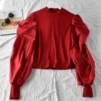 Neploe корейска блуза с дизайн на пуф с дълъг ръкав с O деколте Дамска пачуърк плетена тънка кройка Къси блузи Есен Пролет 2024 Нова риза