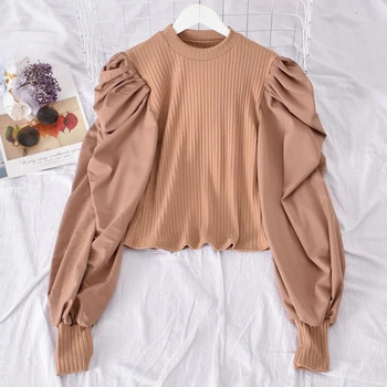 Neploe корейска блуза с дизайн на пуф с дълъг ръкав с O деколте Дамска пачуърк плетена тънка кройка Къси блузи Есен Пролет 2024 Нова риза