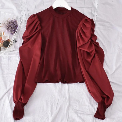 Neploe korejska bluza s puf dizajnom dugih rukava s okruglim izrezom Ženska patchwork pletena uska bluza Jesen Proljeće 2024. Nova košulja