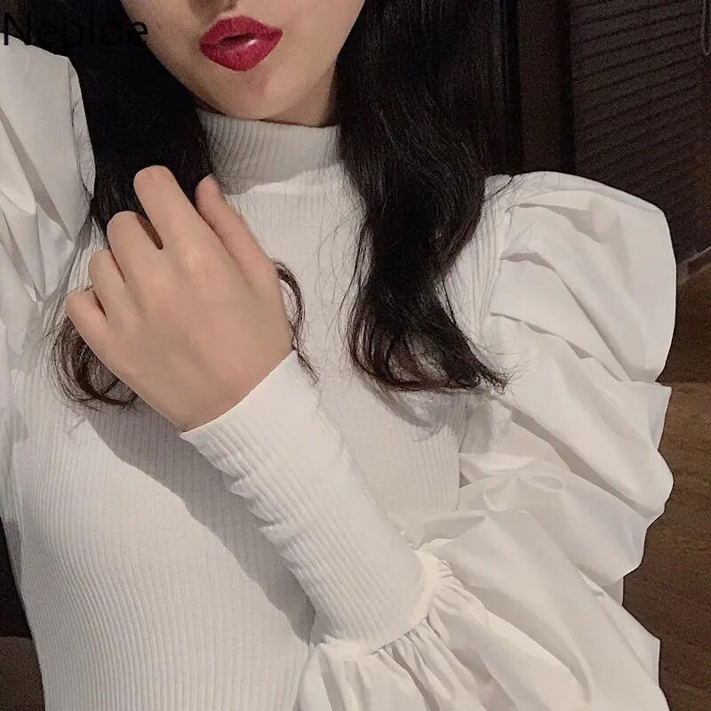 Neploe korejska bluza s puf dizajnom dugih rukava s okruglim izrezom Ženska patchwork pletena uska bluza Jesen Proljeće 2024. Nova košulja