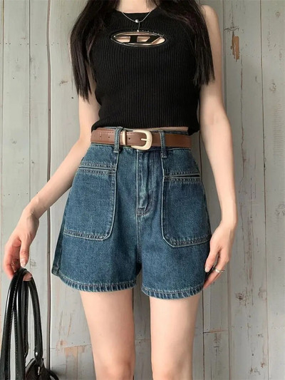 Vasariniai džinsiniai šortai moterims aukštu liemeniu kišenė A formos džinsiniai šortai Vintažiniai madingi trumpos kelnės moteriški drabužiai trumpos kelnės