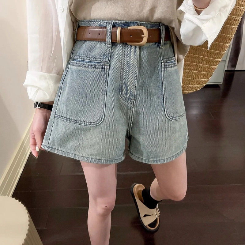 Vasariniai džinsiniai šortai moterims aukštu liemeniu kišenė A formos džinsiniai šortai Vintažiniai madingi trumpos kelnės moteriški drabužiai trumpos kelnės
