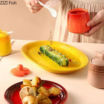Градиентно оцветен керамичен буркан за подправки с капак Кухня Захар Сол Пипер Буркан за подправки Модерен домашен Творчески буркан за съхранение на подправки