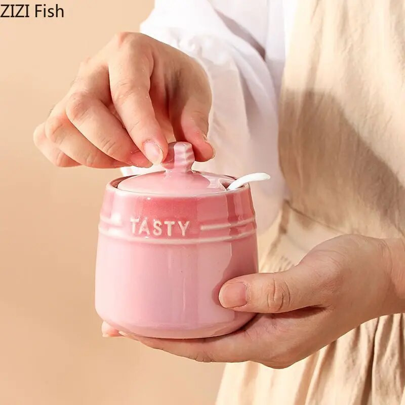 Gradiento spalvos keraminis prieskonių indelis su dangteliu Virtuvinis cukraus ir druskos pipirų prieskonių indelis Modernus namų kūrybinių prieskonių laikymo indelis