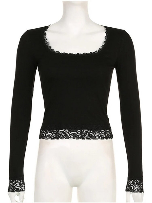 2000-ih Grafička majica kratkih rukava Vintage Fairy Grunge Ženske jesenske čipkaste trim dugih rukava Tanke majice y2k Odjeća Basic Harajuku majice