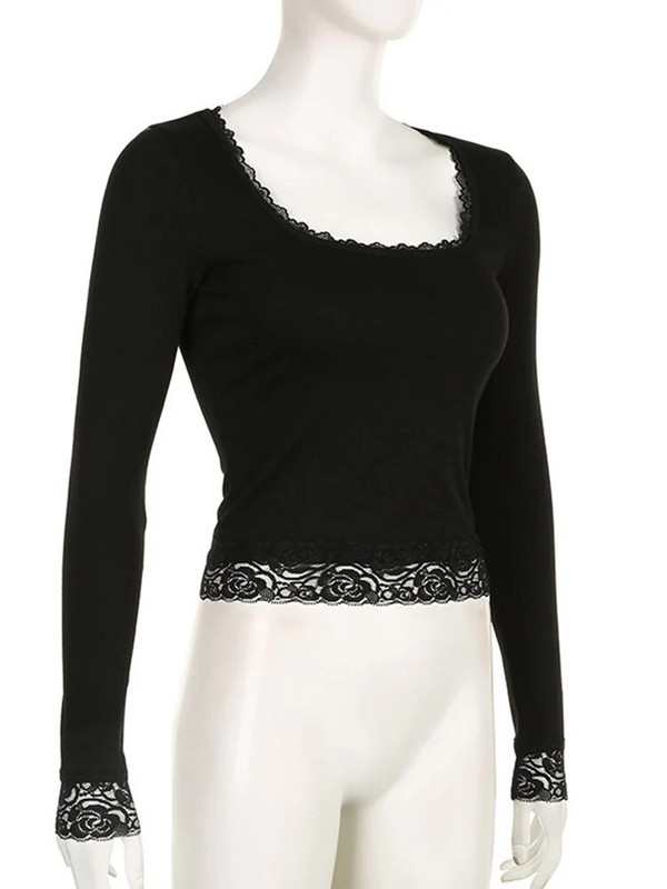 2000-ih Grafička majica kratkih rukava Vintage Fairy Grunge Ženske jesenske čipkaste trim dugih rukava Tanke majice y2k Odjeća Basic Harajuku majice