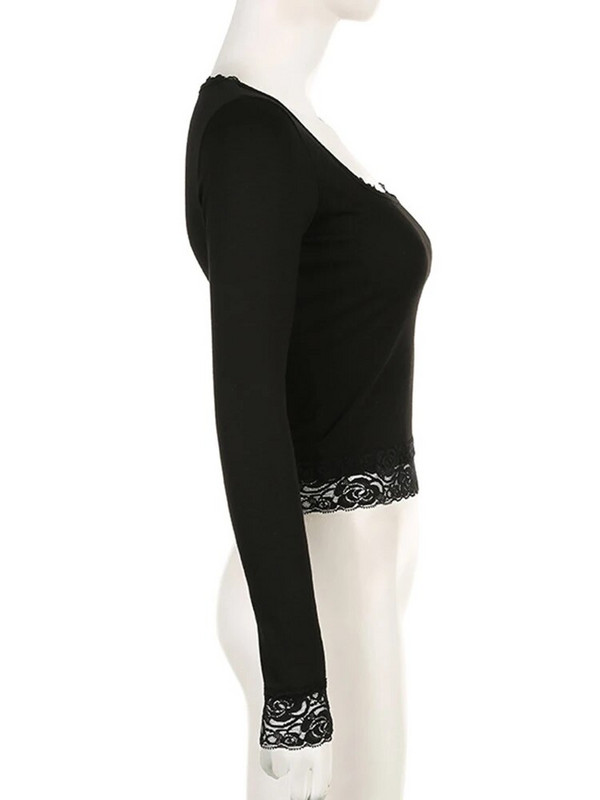 2000-ih Grafička majica kratkih rukava Vintage Fairy Grunge Ženske jesenske čipkaste trim dugih rukava Tanke majice y2k Odjeća Basic Harajuku majice