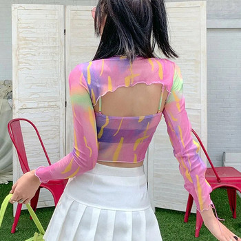 Χρωματιστές ζαρτιέρες Κοριτσίστικες μπλούζες με γάζες ουράνιου τόξου Μοδάτη μακρυμάνικη μπλούζα γυναικεία μόδα 2023 Κορυφαία γυναικεία ρούχα καλοκαίρι