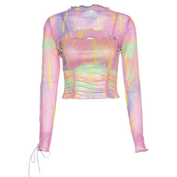 Χρωματιστές ζαρτιέρες Κοριτσίστικες μπλούζες με γάζες ουράνιου τόξου Μοδάτη μακρυμάνικη μπλούζα γυναικεία μόδα 2023 Κορυφαία γυναικεία ρούχα καλοκαίρι