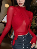 Crvene seksi majice kratkih rukava Ženske šik mrežaste patchwork prozirne uske skraćene majice Moda Spicy Girl Night Club Bodycon Y2k Streetwear