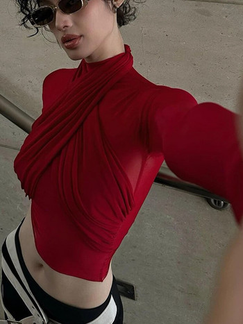 Κόκκινα σέξι μπλουζάκια γυναικεία κομψά διχτυωτά συνονθύλευμα See Through Skinny Cropped Tops Fashion Spicy Girl Night Club Bodycon Y2k Streetwear