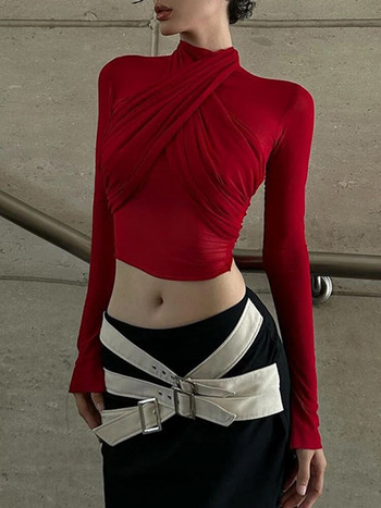 Червени секси тениски Дамски шикозни мрежести пачуърк прозрачни тесни изрязани топове Модни пикантни момичета в нощен клуб Bodycon Y2k Streetwear