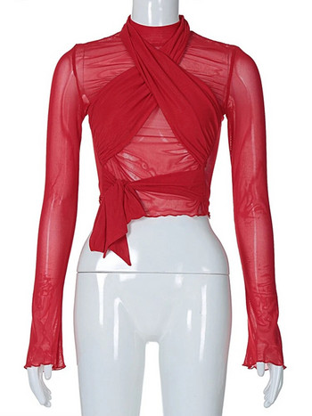 Червени секси тениски Дамски шикозни мрежести пачуърк прозрачни тесни изрязани топове Модни пикантни момичета в нощен клуб Bodycon Y2k Streetwear