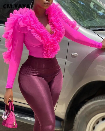 CM.YAYA Γυναικεία βολάν μόδας με μακρύ μανίκι V-λαιμόκοψη ροζ κόκκινο κορμάκι 2023