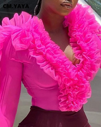 CM.YAYA Дамско модно боди с волани с дълги ръкави и V-образно деколте, розово червено горнище 2023 г.