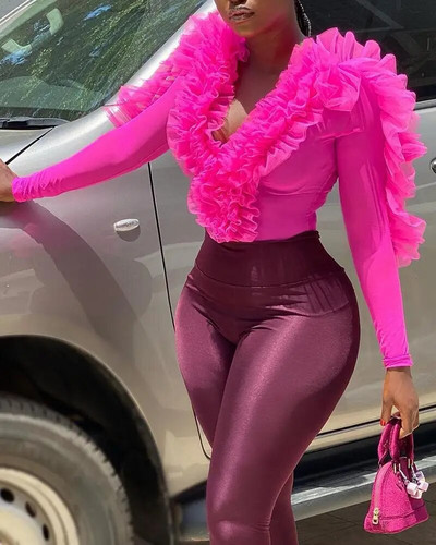 CM.YAYA Ženski modni gornji dio bodija dugih rukava s v-izrezom s volanima, ružičasto crveni 2023.