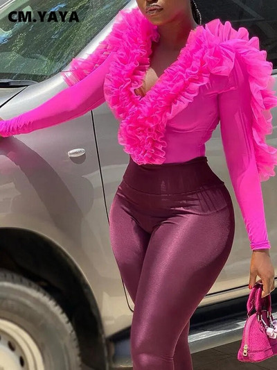 CM.YAYA Γυναικεία βολάν μόδας με μακρύ μανίκι V-λαιμόκοψη ροζ κόκκινο κορμάκι 2023