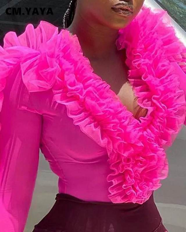 CM.YAYA Ženski modni gornji dio bodija dugih rukava s v-izrezom s volanima, ružičasto crveni 2023.