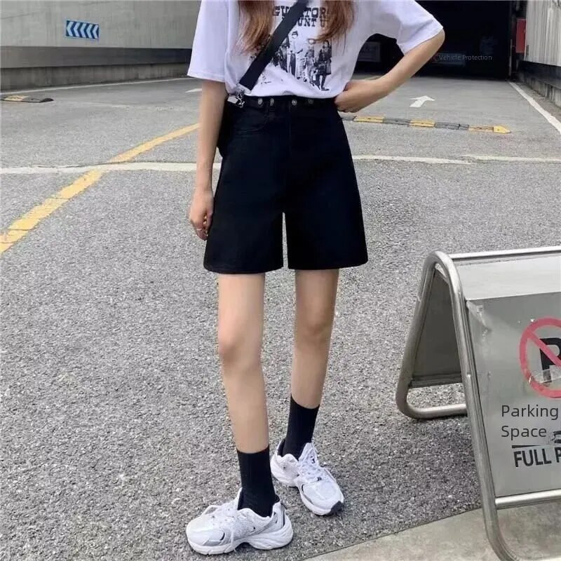 Vasaros madingos tiesios plonos, laisvos vidutinės kelnės, moteriškos Honkongo stiliaus, universalios kasdienės liekninančios penkių kelnių medvilnės medžiaga