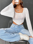 Ženske kratke majice dugih rukava s kratkim rukavima, modni okrugli izrez, jednobojni rub, kratka uska majica, ženska ulična odjeća