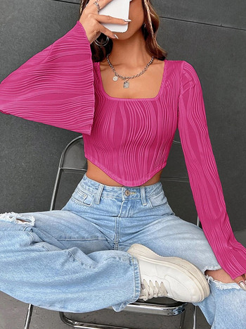 Γυναικεία μακρυμάνικα υφή Crop μπλουζάκια μόδας λαιμόκοψη Hanky στρίφωμα μονόχρωμη κοντή λεπτή εφαρμογή Γυναικεία μπλουζάκια Streetwear