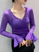 Jesenska majica dugih rukava s V-izrezom i jacquard raskošnim rukavima, ženske prozirne, nabrane, skraćene, uske majice BH1906